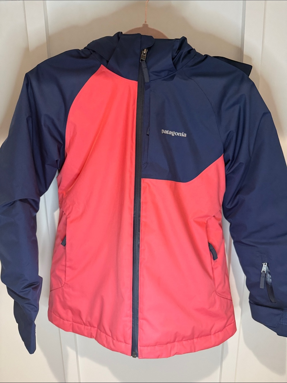Patagonia Snowbelle Kids Navy and Coral Colorblock Coat